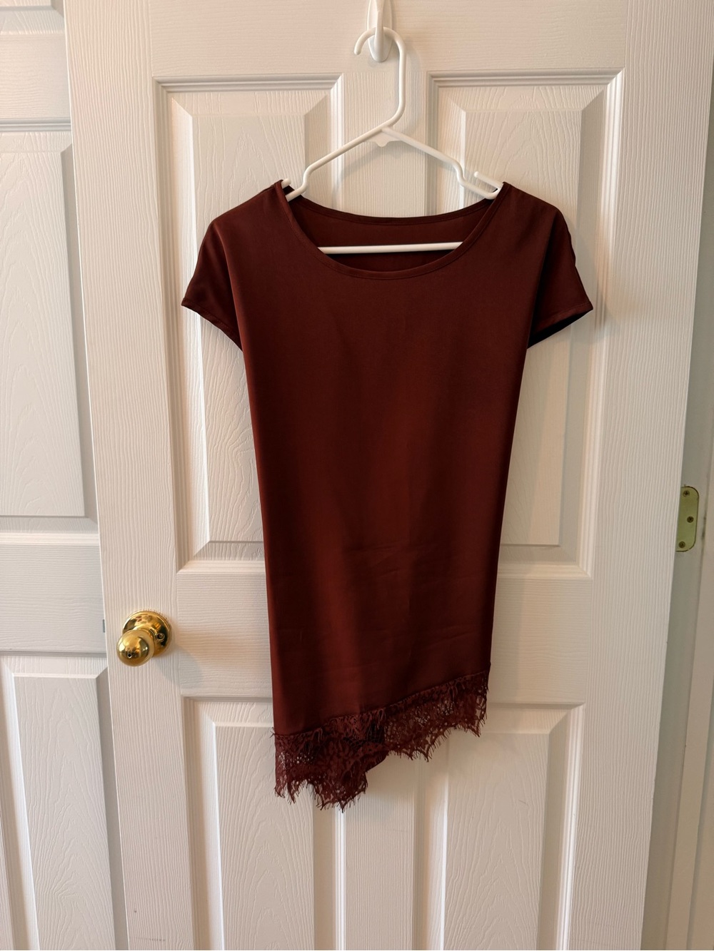 Asymmetrical Lace Hem Short Sleeve Top - Brown